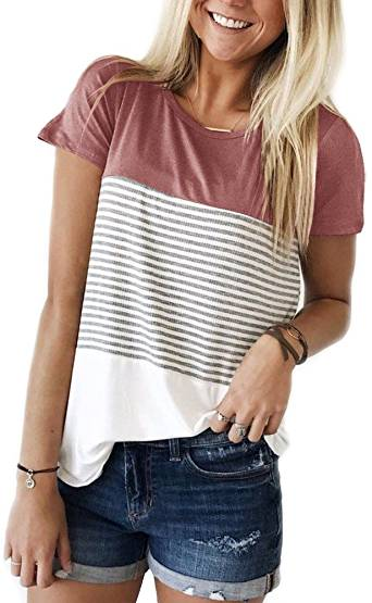 YunJey Round Neck Triple Color Block Stripe T-Shirt